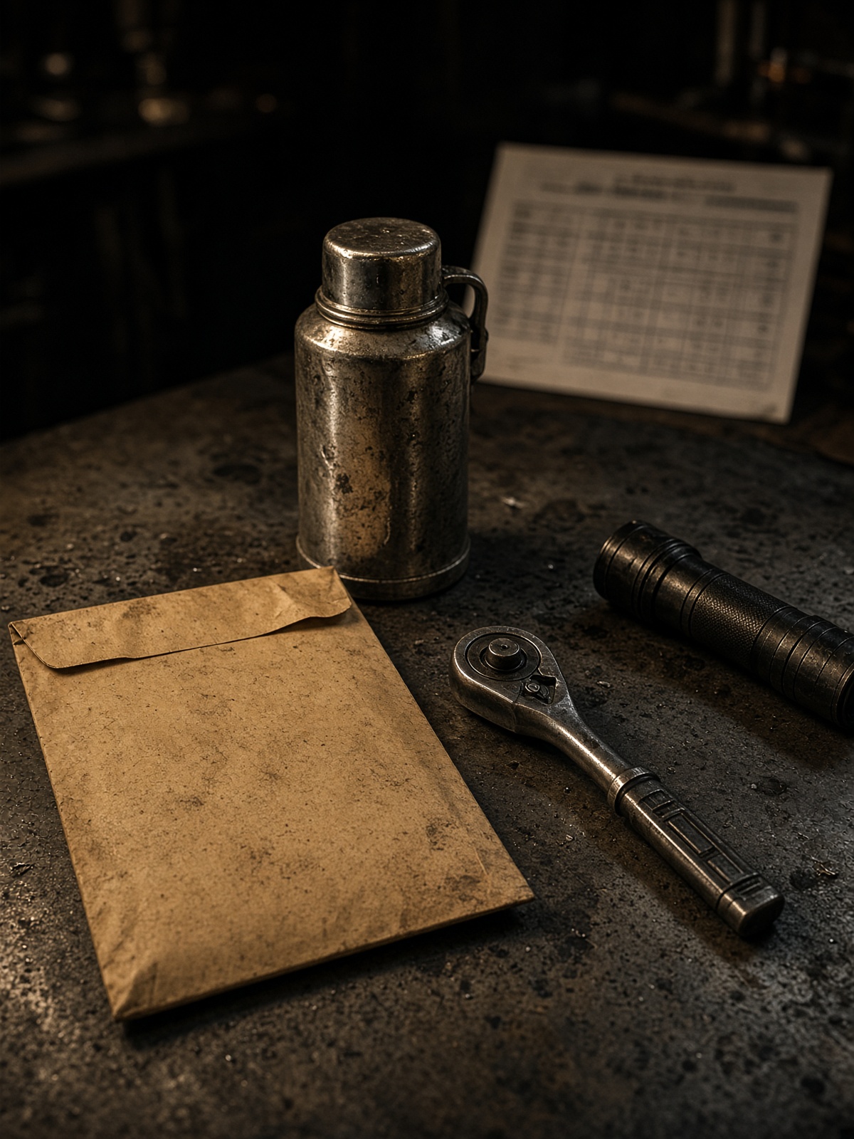 Workbench still life: kraft envelope, thermos, ratchet, flashlight