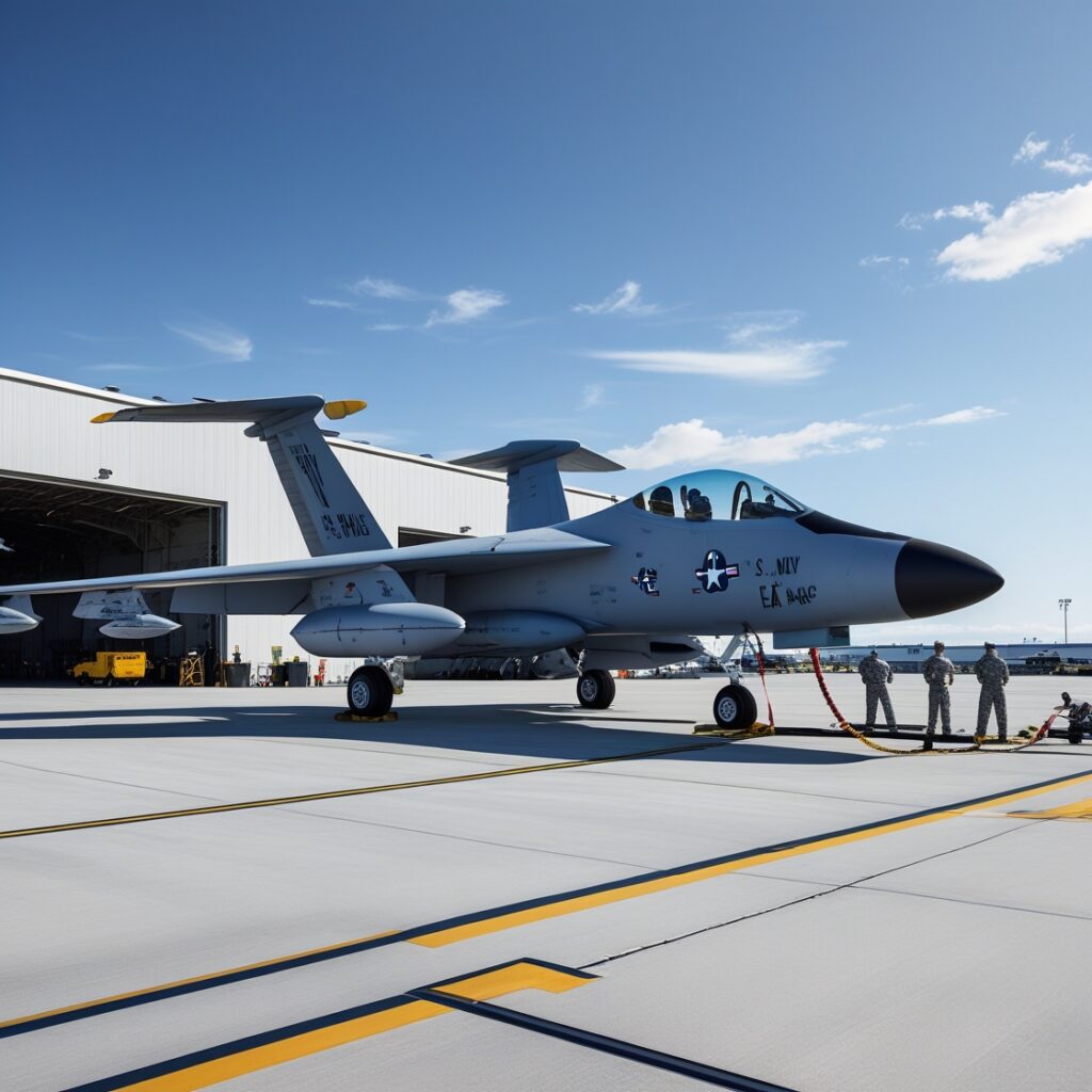 A U.S. Navy EA-18G Growler aircraft parked on the tarmac at a military airbase, with ground crew and hangars visible in the background under a clear blue sky.